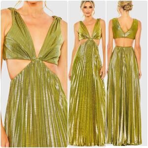 Mac Duggal Pleated Metallic Cutout Gown Maxi Dress Chartreuse Green Size M UB